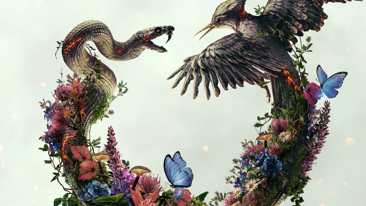 Sunrise on the Reaping teaser poster — a mockingjay and snake circling a wreath of flowers